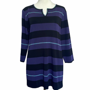 Misook Striped V Neck Tunic Top Size S Pullover Purple Black 3/4 Sleeve Stretch